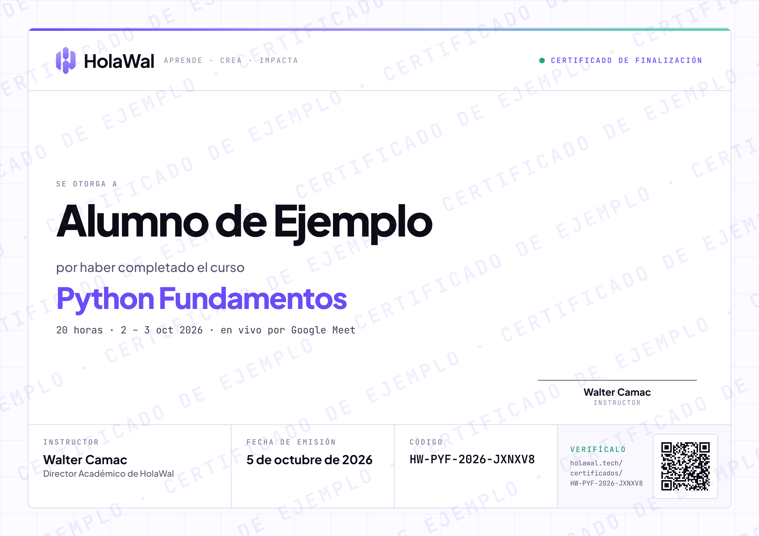 Certificado de ejemplo de HolaWal (de Python Fundamentos)